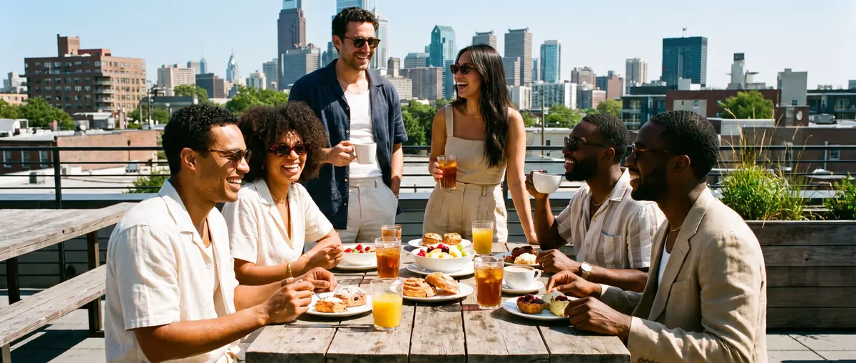 Friends gathered for brunch on a Philadelphia rooftop