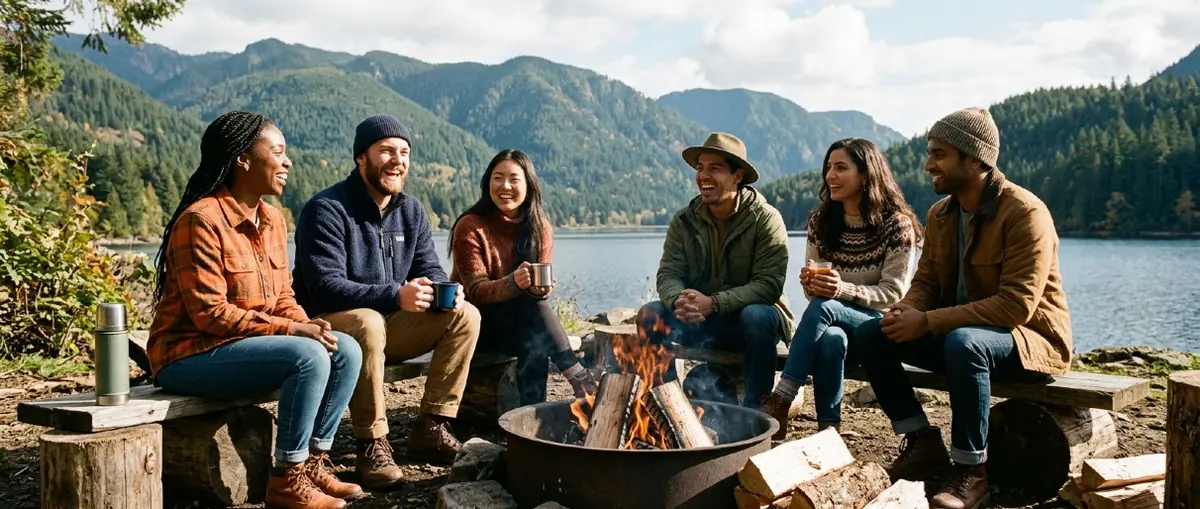 Friends gathered around a campfire beside a mountain lake