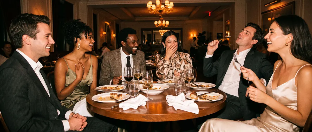 Friends sharing dinner and conversation around a table